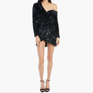 One-Shoulder Long Sleeve Sequin Cluster Velvet Cocktail Dress - Iridescent blue